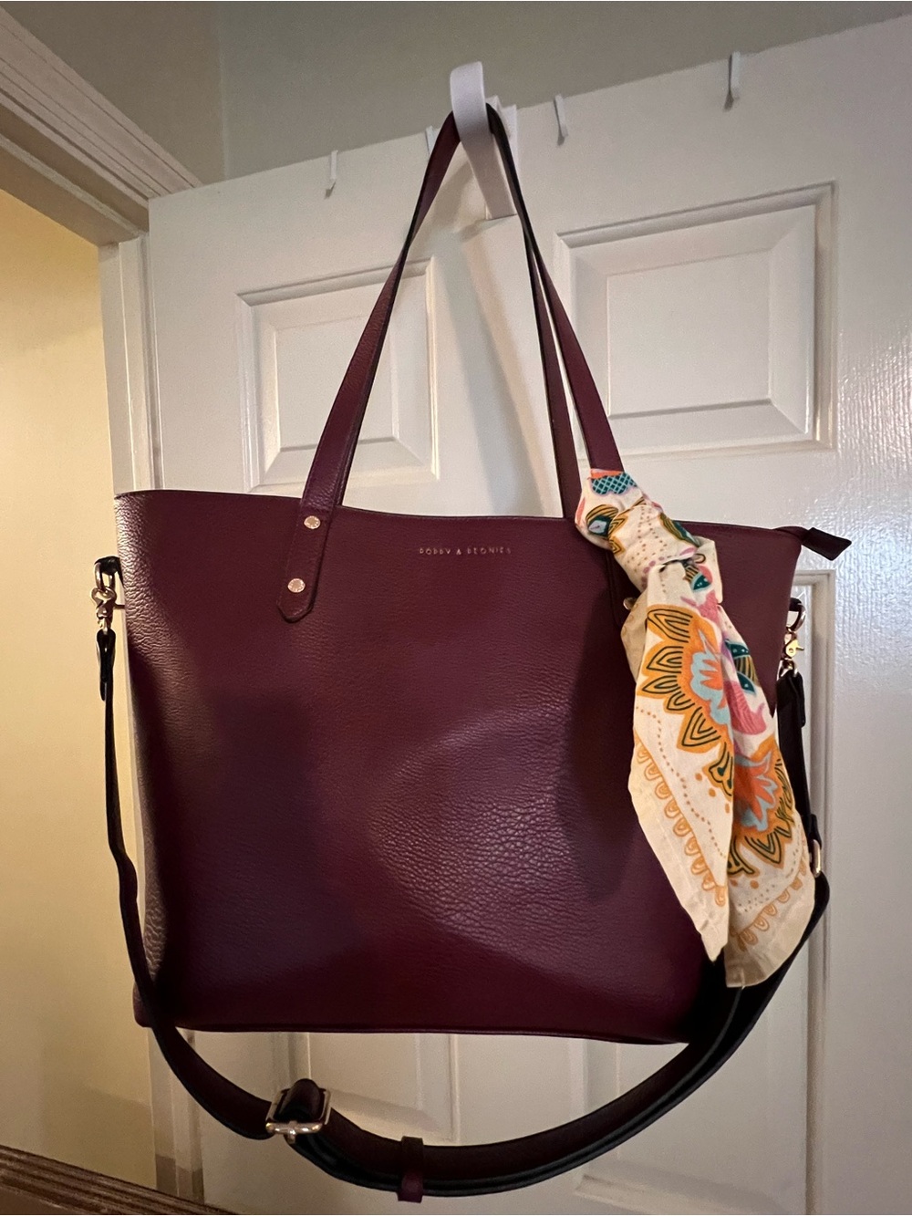 Poppy & Peonies Burgundy Tote with Scarf Accent - Picture 2 of 4